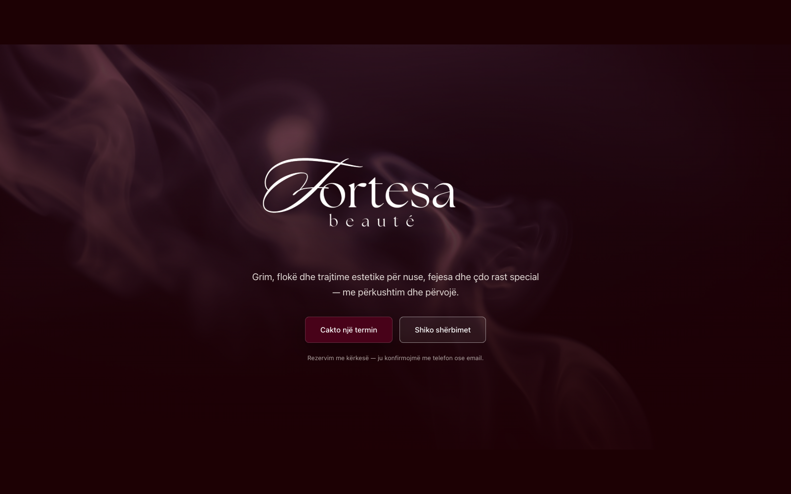 Landing hero — the cinematic wine-toned opening, with an animated smoke layer behind the salon's script mark