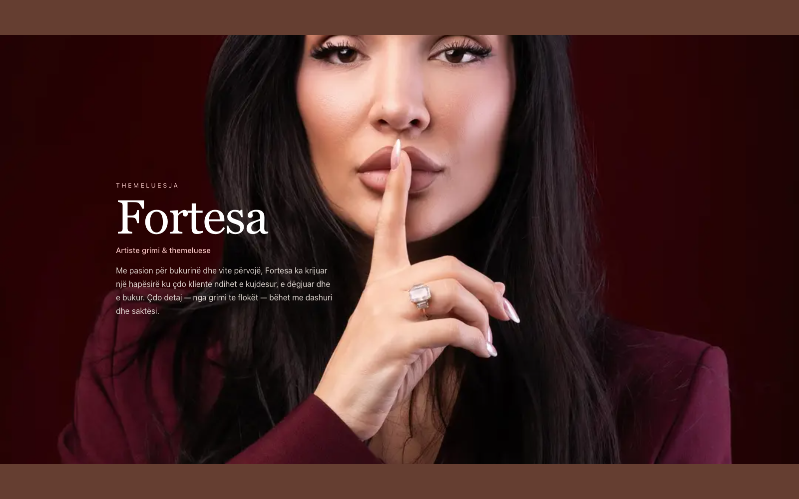 Founder feature — a full-bleed portrait section introducing the salon's owner