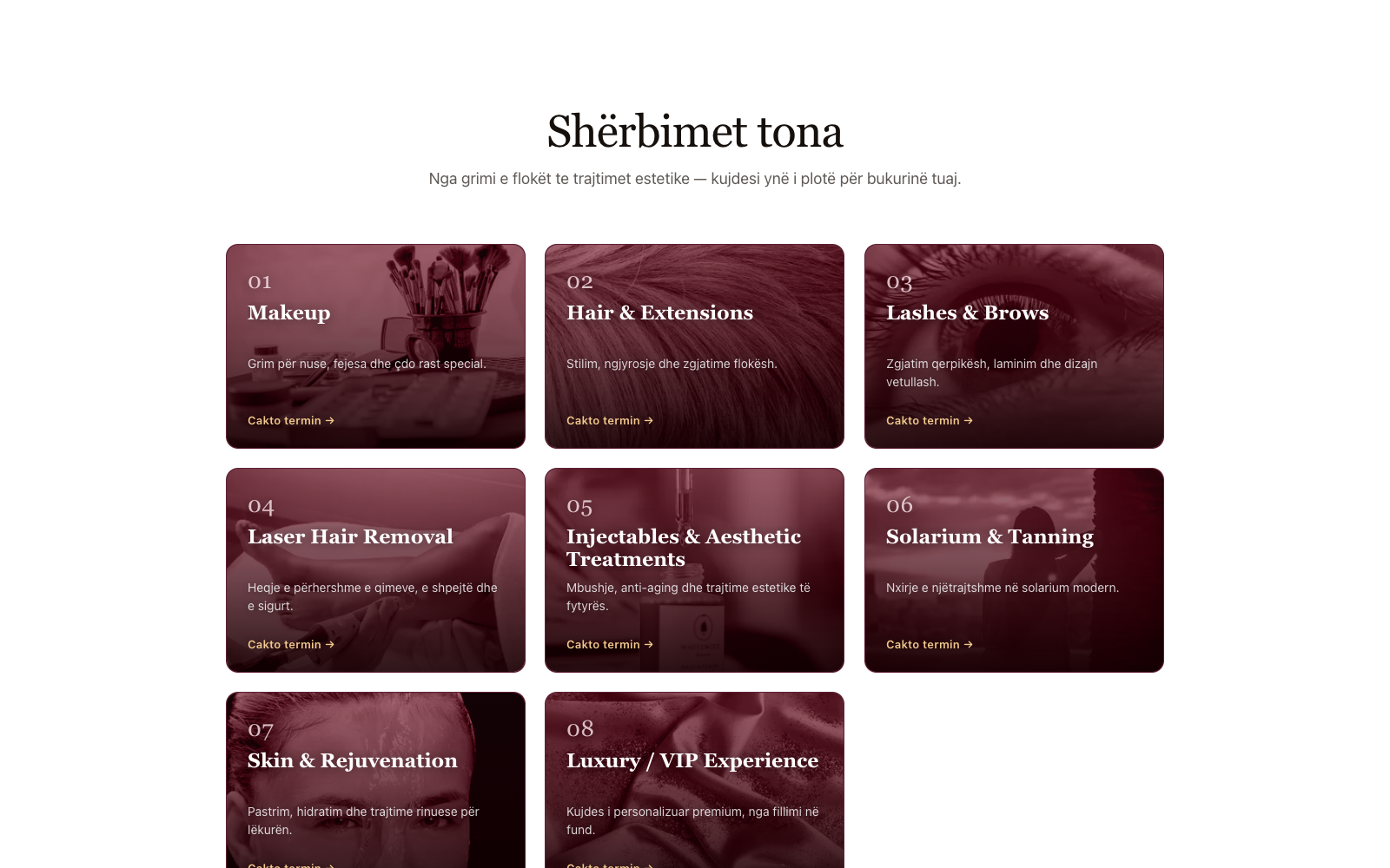 Services — eight treatment categories, each with its own duotone photograph