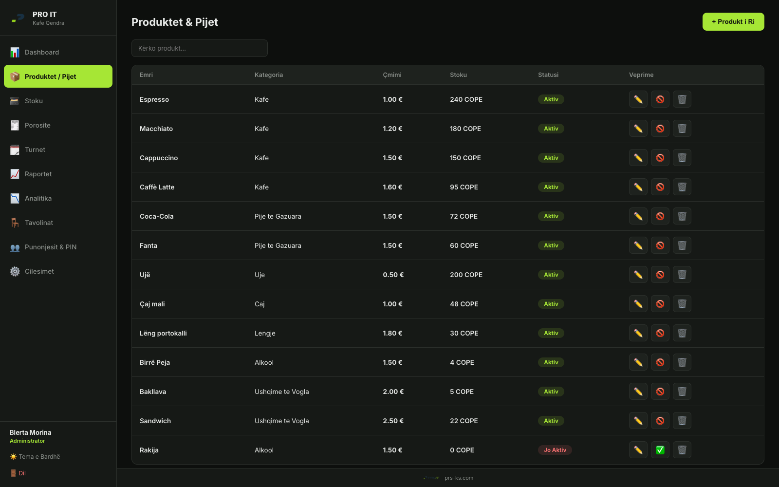 Product management — categories, prices, stock levels and barcodes