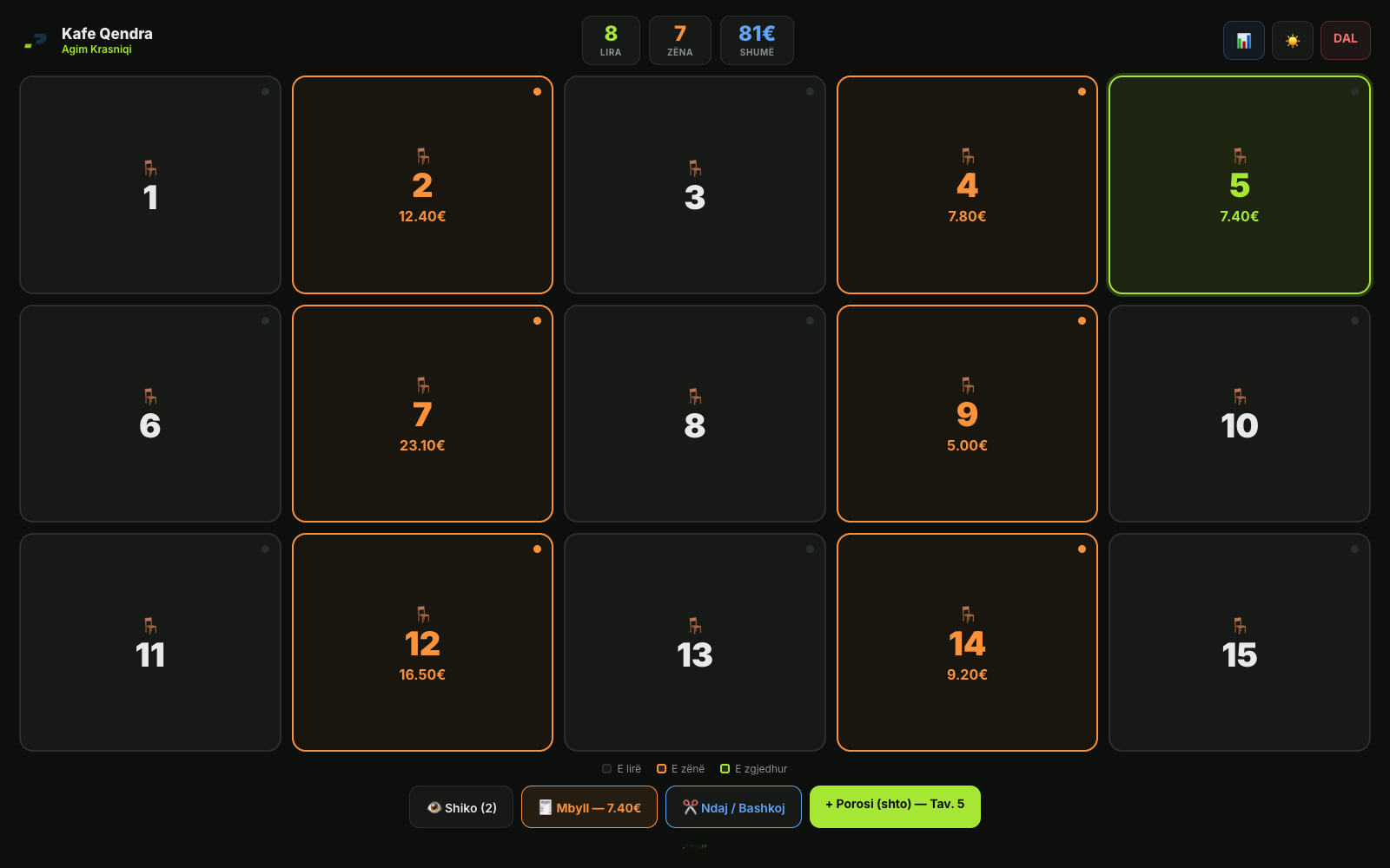 Table floor — a grid of tables a waiter can open, split and settle