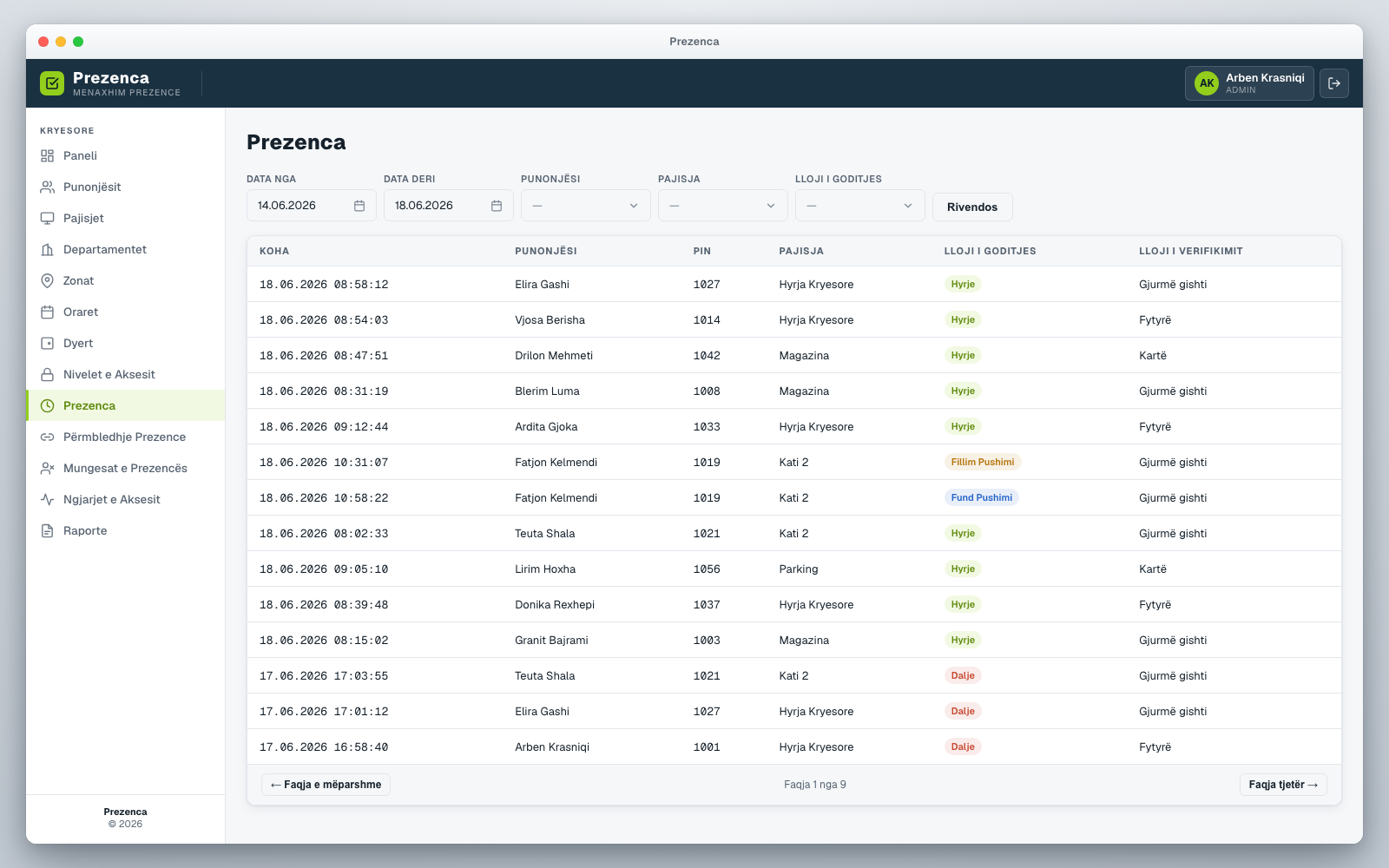Attendance log with check-in and check-out times by employee