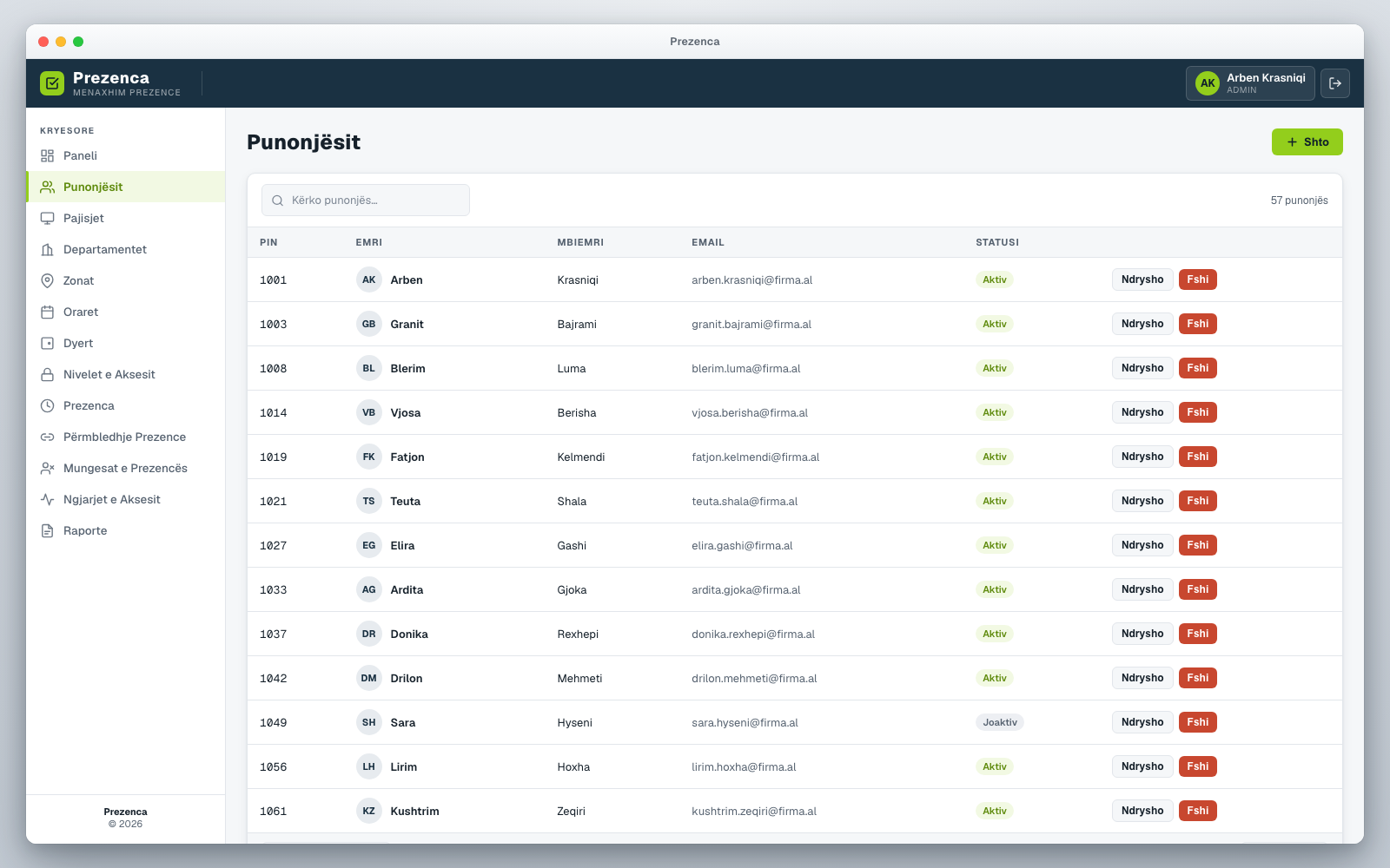 Employee directory with departments and roles