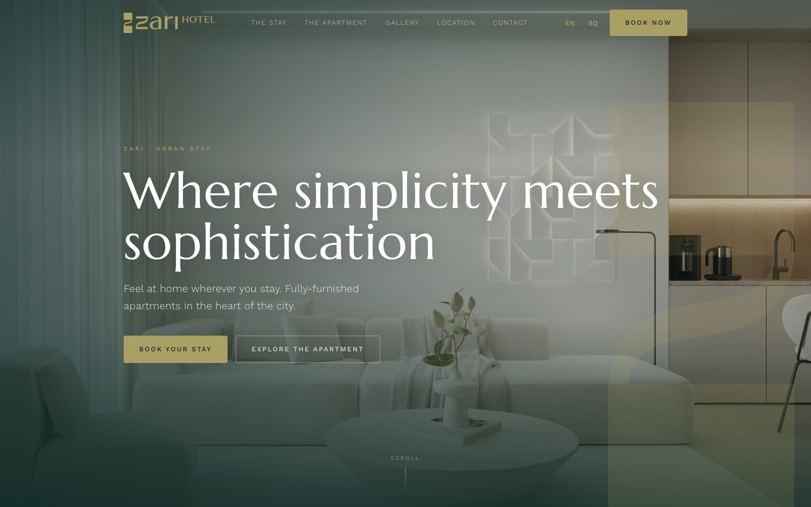 Zari Hotel's hero section — a full-bleed sunlit living-room photograph with a gold monogram watermark and the headline 'Where simplicity meets sophistication'