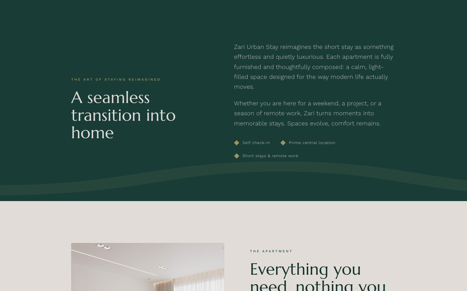 The Stay section — the brand's eyebrow and heading paired with body copy and three key value props: self check-in, prime location, remote-work ready