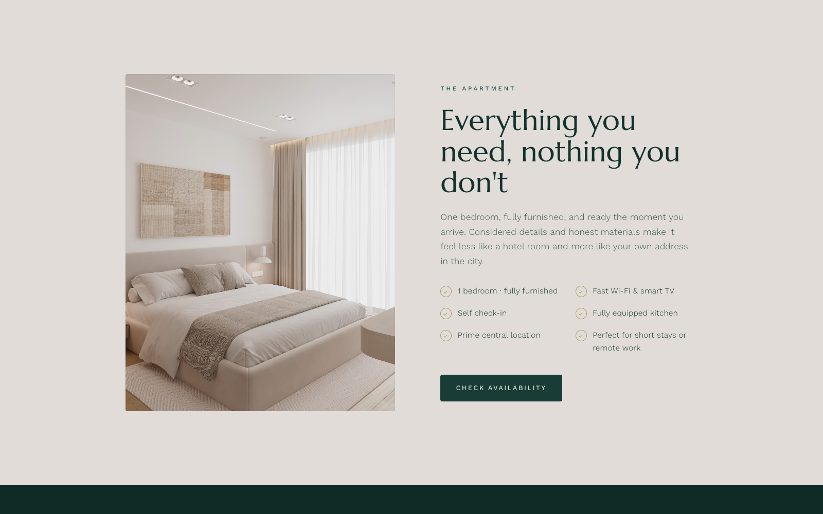 The Apartment section — a real bedroom photograph beside a full amenity checklist and a 'Check availability' button